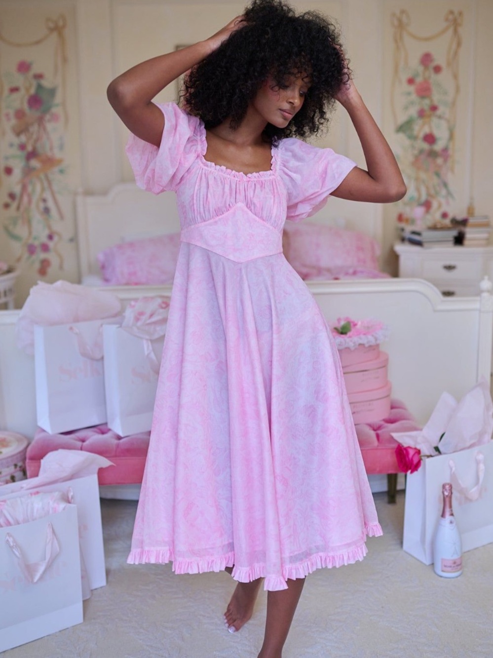 Selkie The Pink Porcelain Midi Nightie Dress in Toile Size XS